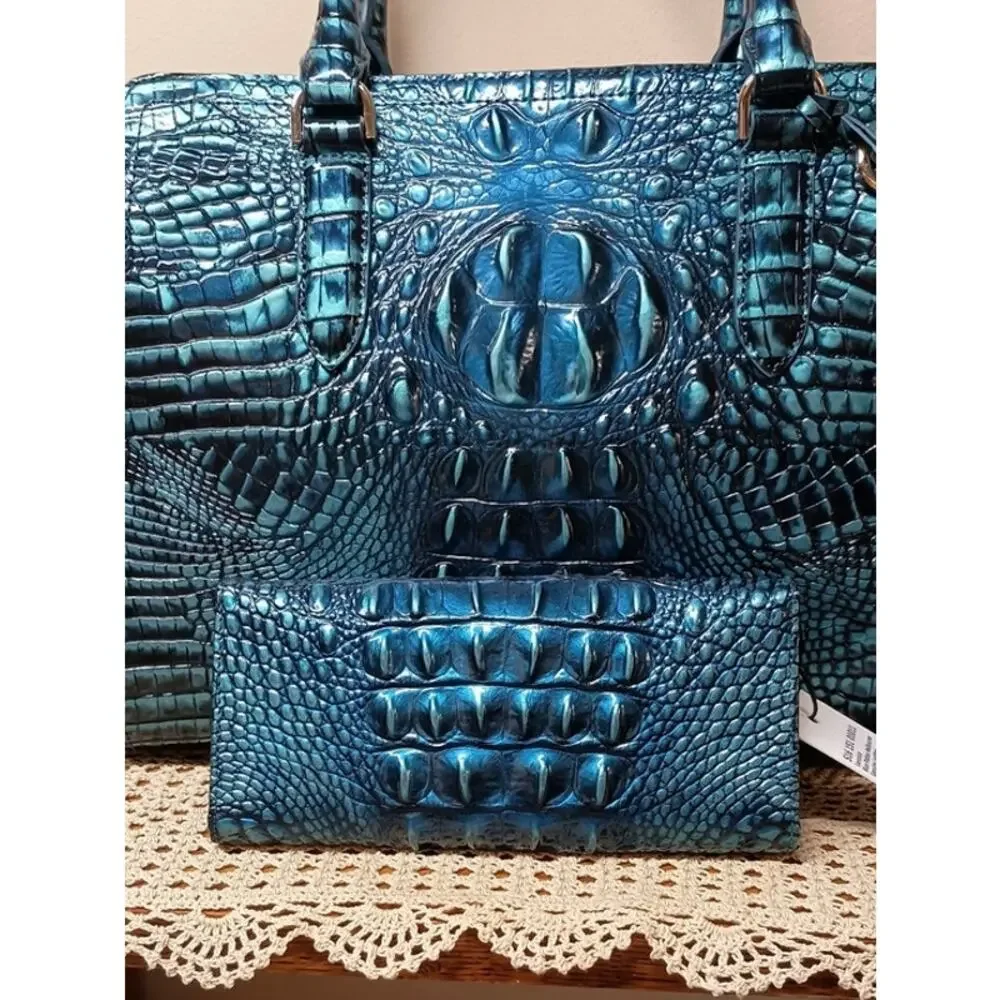 NWT BRAHMIN Melbourne Collection Blue Patina Small Finley Carryall Satchel Bag